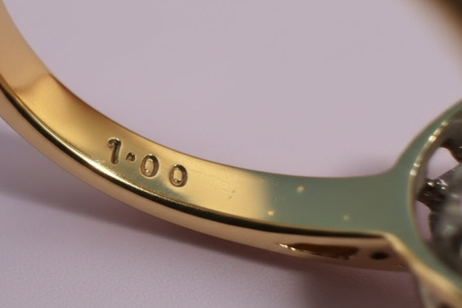 Gold ring with '1.00' stamp denoting 1ct of diamonds on a lilac background