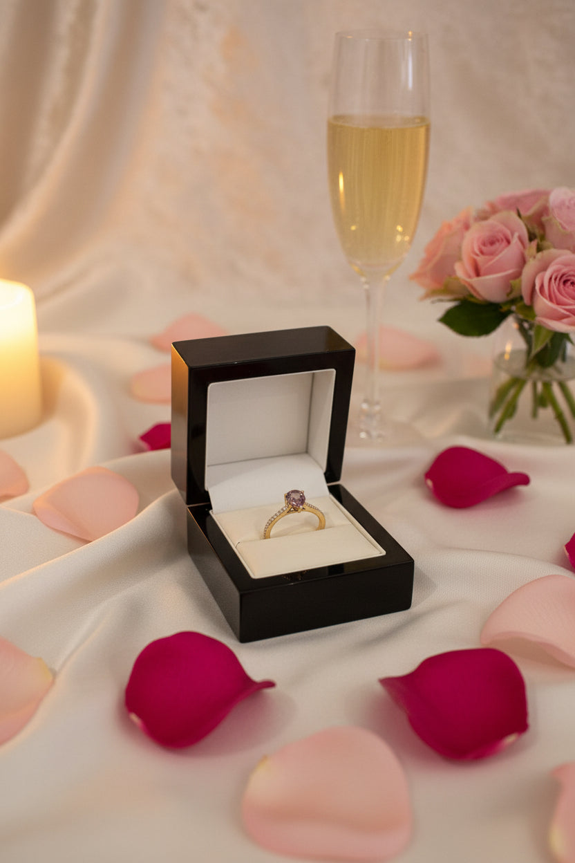 brown sapphire and diamond engagement ring on a table with champagne and flowers