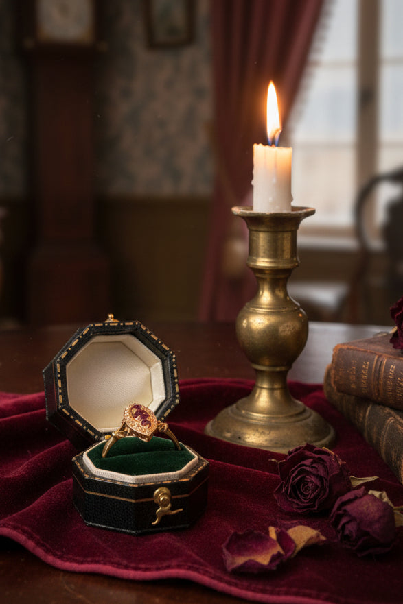 An antique gold ring with three red gemstones displayed inside an open octagonal black velvet jewelry box with gold trim, in a Victorian setting.