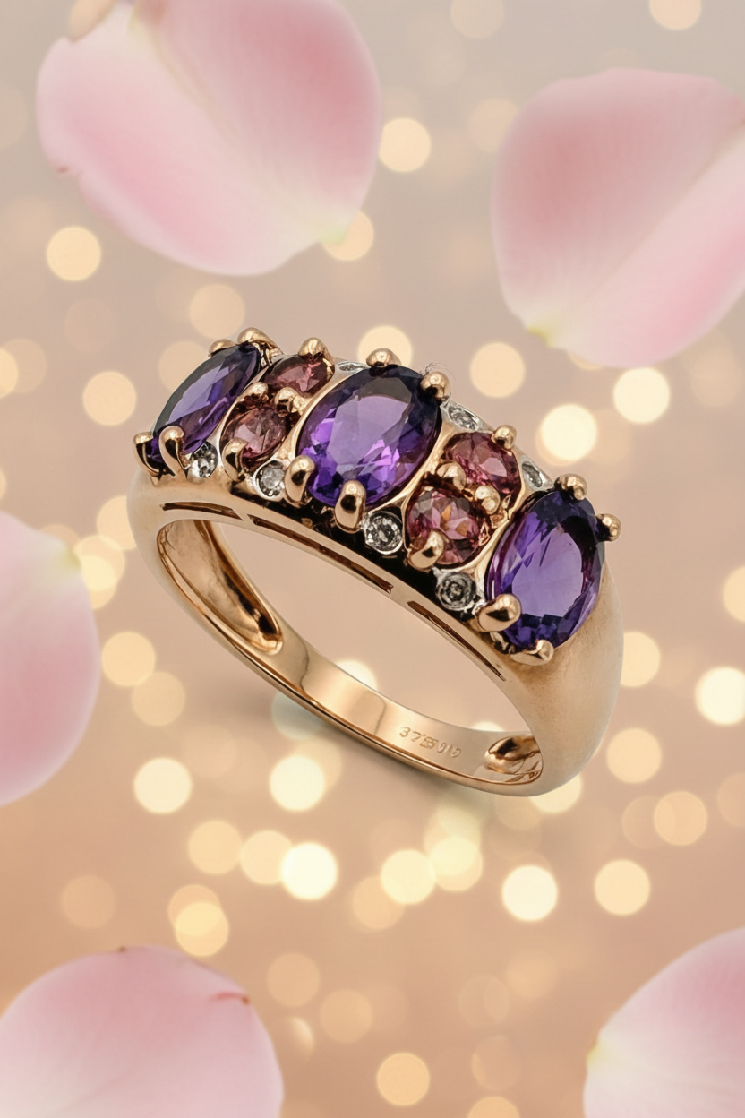 9ct Rose Gold Amethyst, Pink Tourmaline & Diamond Ring | Birmingham 2006
