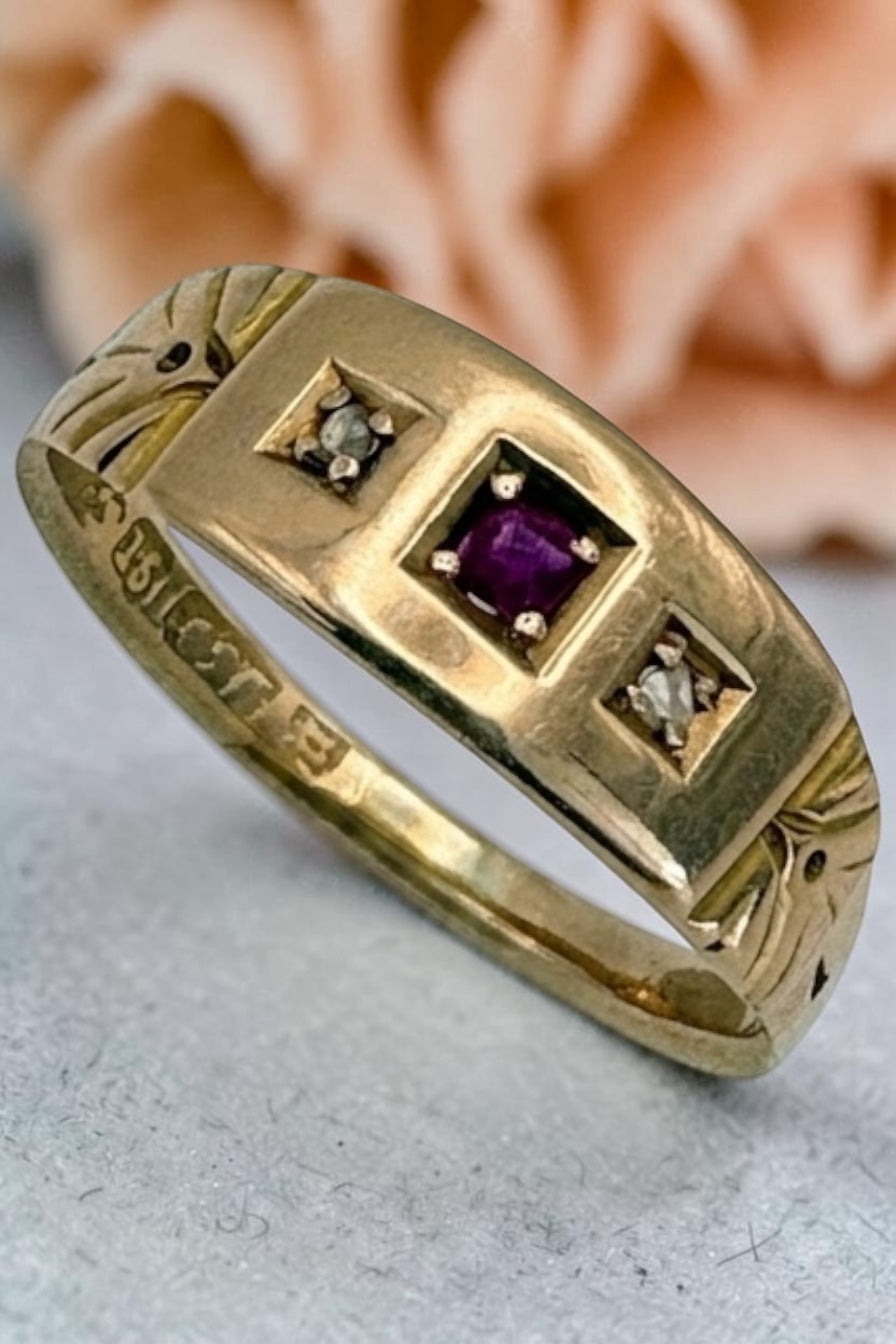 Late Victorian Ruby & Diamond Gypsy Ring in 15ct Gold, c.1890