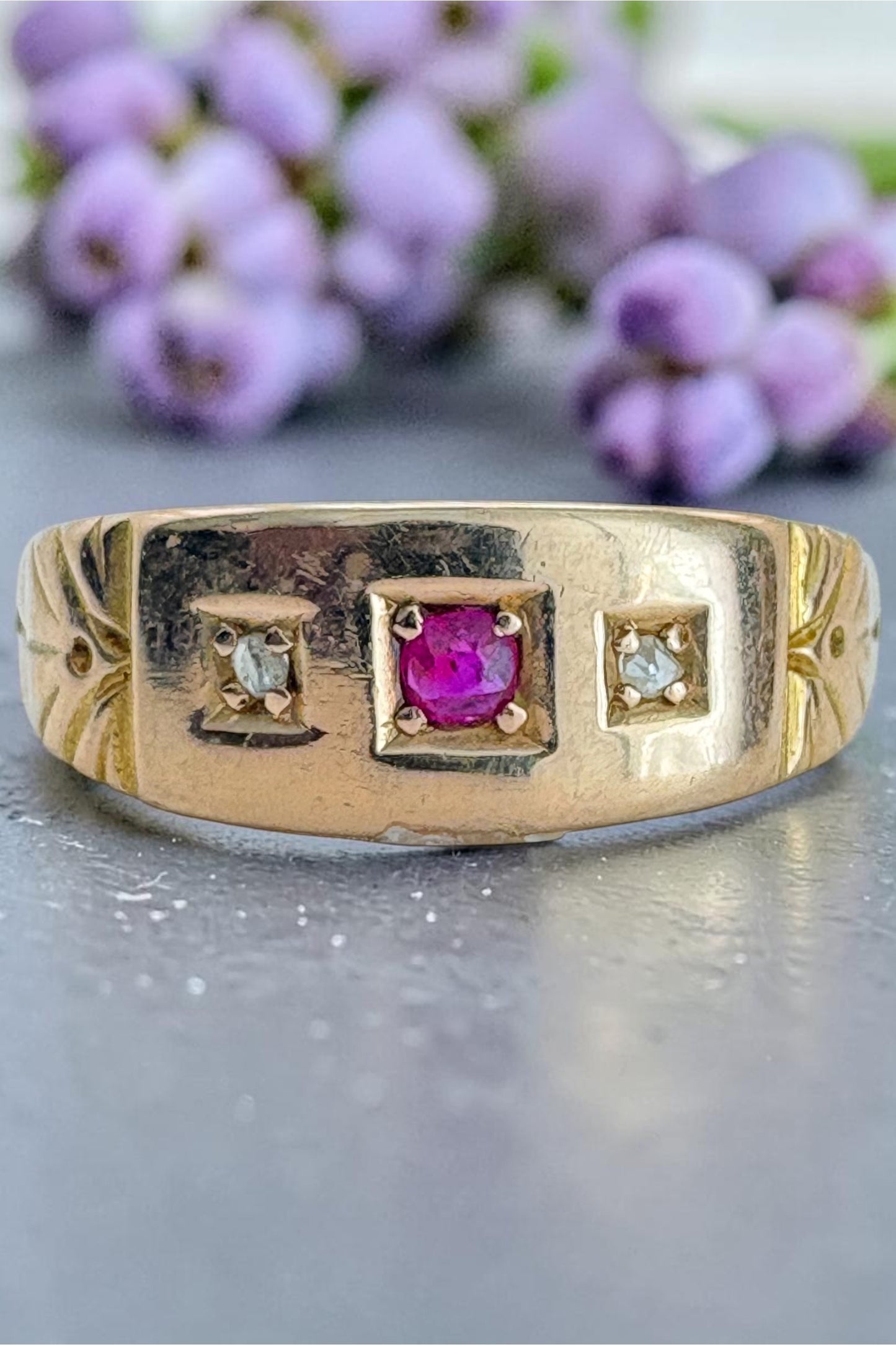 Late Victorian Ruby & Diamond Gypsy Ring in 15ct Gold, c.1890