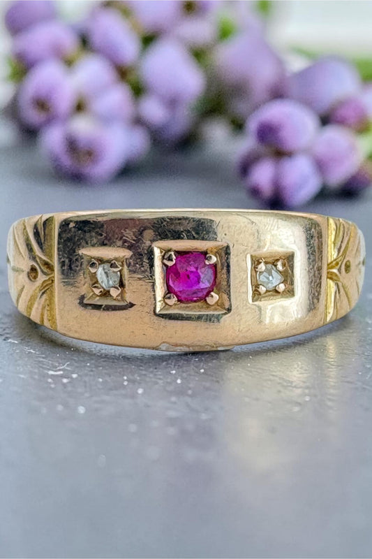 Late Victorian Ruby & Diamond Gypsy Ring in 15ct Gold, c.1890