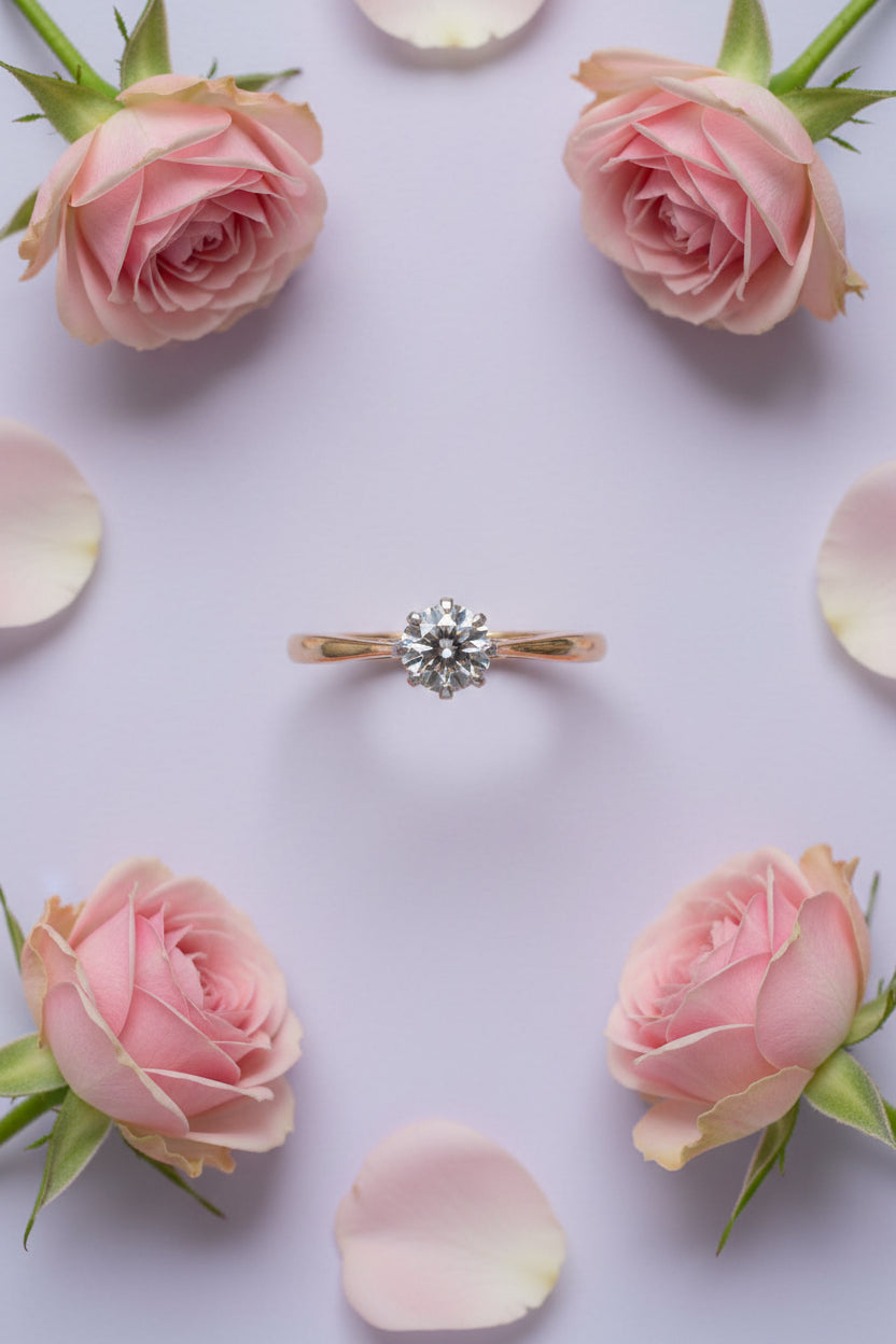Goldring with old cut diamon on lilac background with roses