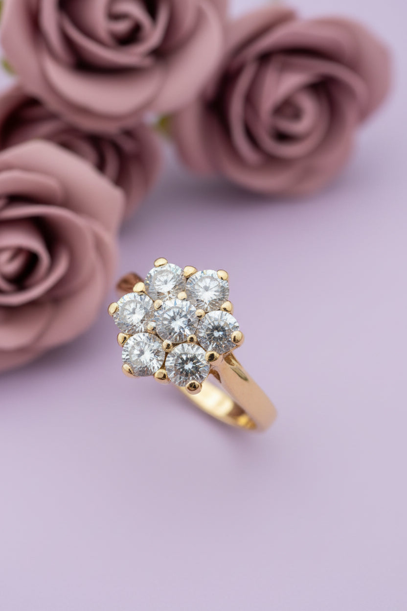 Gold ring with diamond cluster on a lilac background
