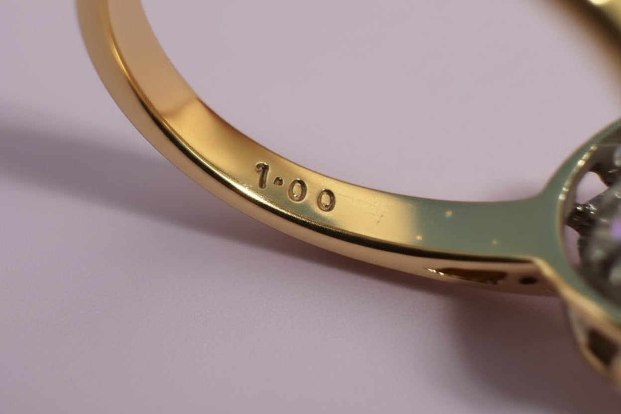 Gold ring with '1.00' stamp denoting 1ct of diamonds on a lilac background