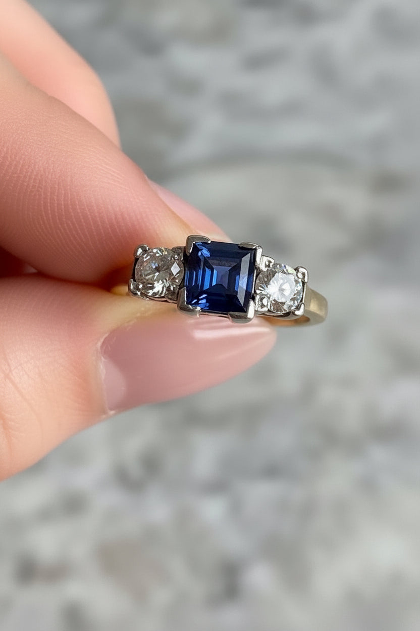 Vintage 18ct Gold Step-Cut Sapphire & Old European Cut Diamond Trilogy Ring