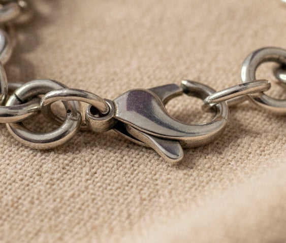 Close-up of a silver lobster clasp