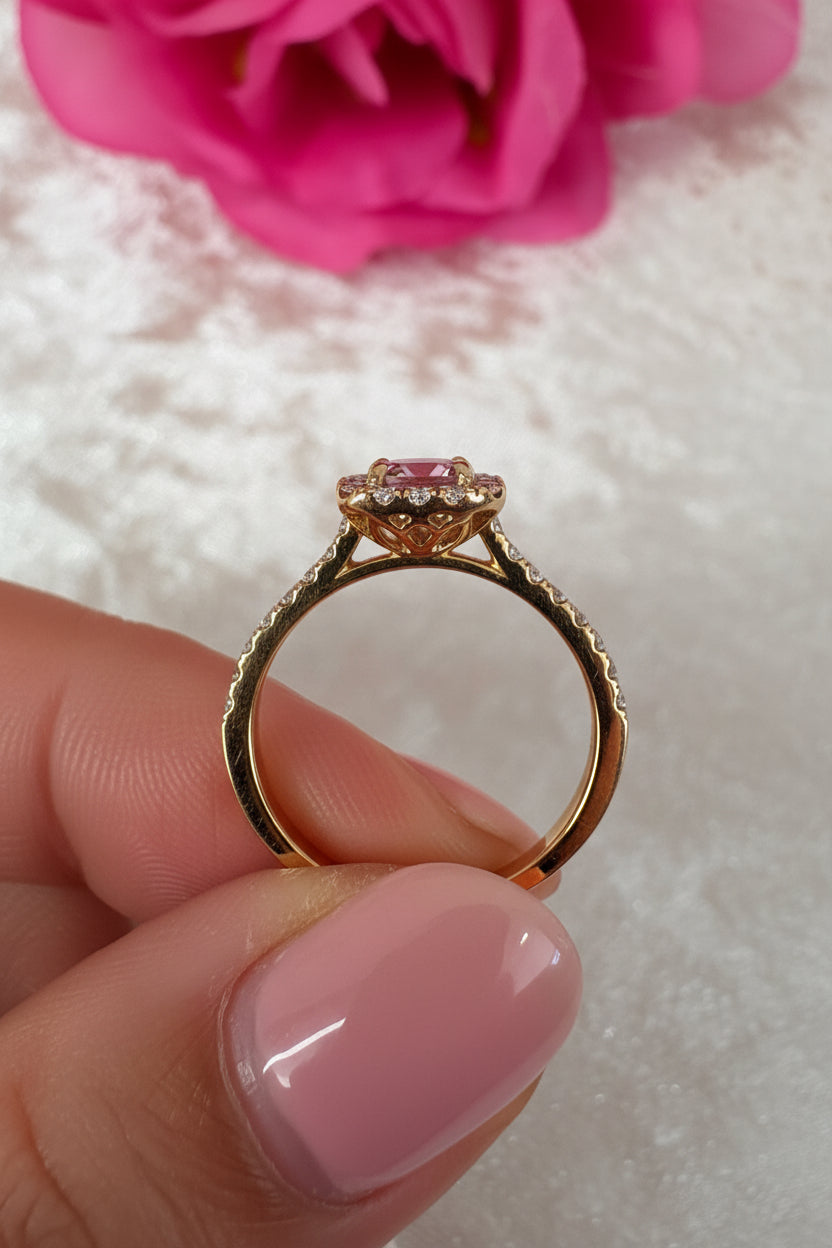 18ct Gold Pink Tourmaline & Diamond Ring | 0.65ct Tourmaline | 0.45ct Diamond Halo | Certified