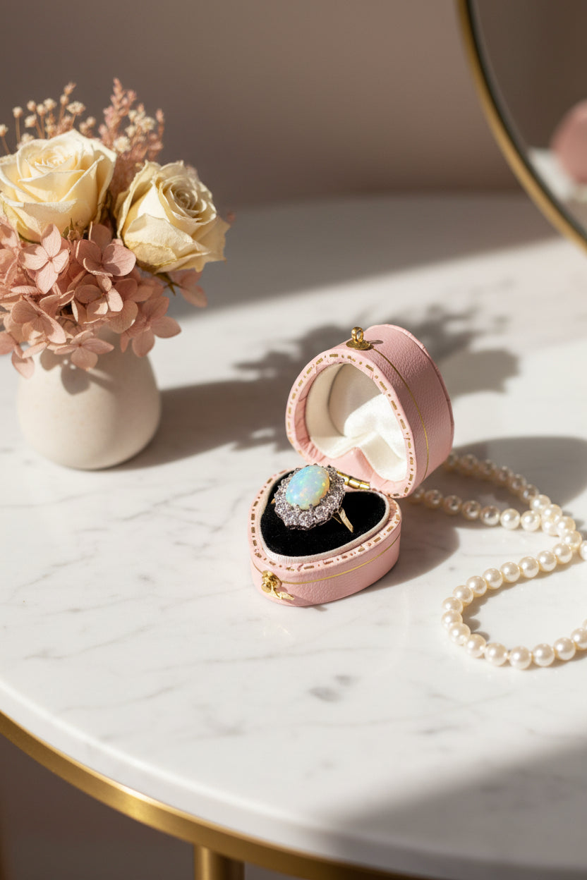 A pink heart-shaped ring box with gold-tone hardware, shown open on a white background. The ring inside features a large oval iridescent opal-like stone surrounded by a silver-toned halo with small clear stones.