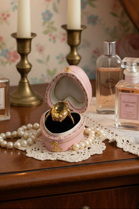 A pink heart-shaped ring box with gold trim, shown open to display a yellow gold ring with a large oval-cut clear gemstone inside a black-lined compartment, set against a plain white background.