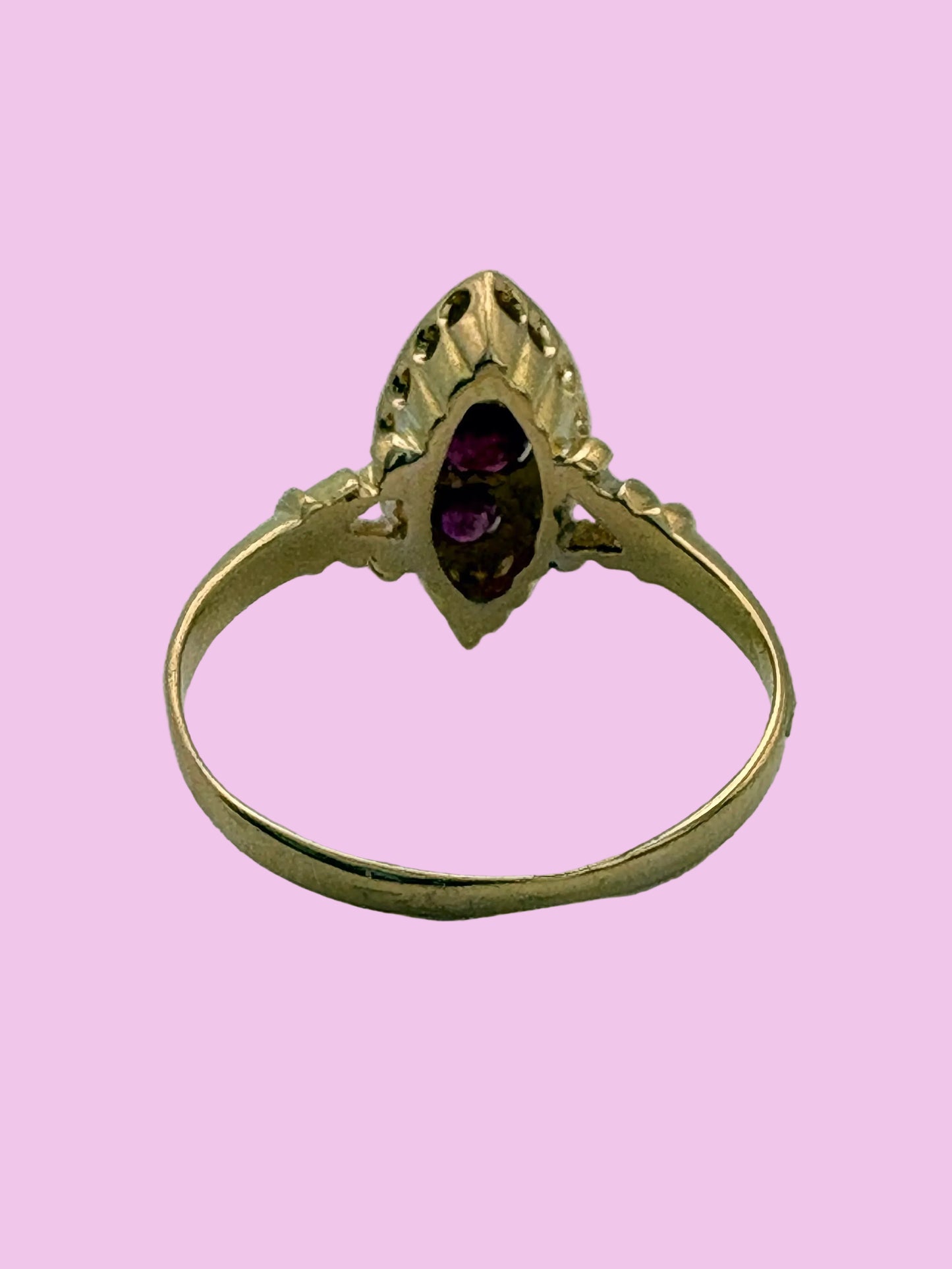 Late Victorian Ruby and Diamond Navette Ring in 18ct Gold