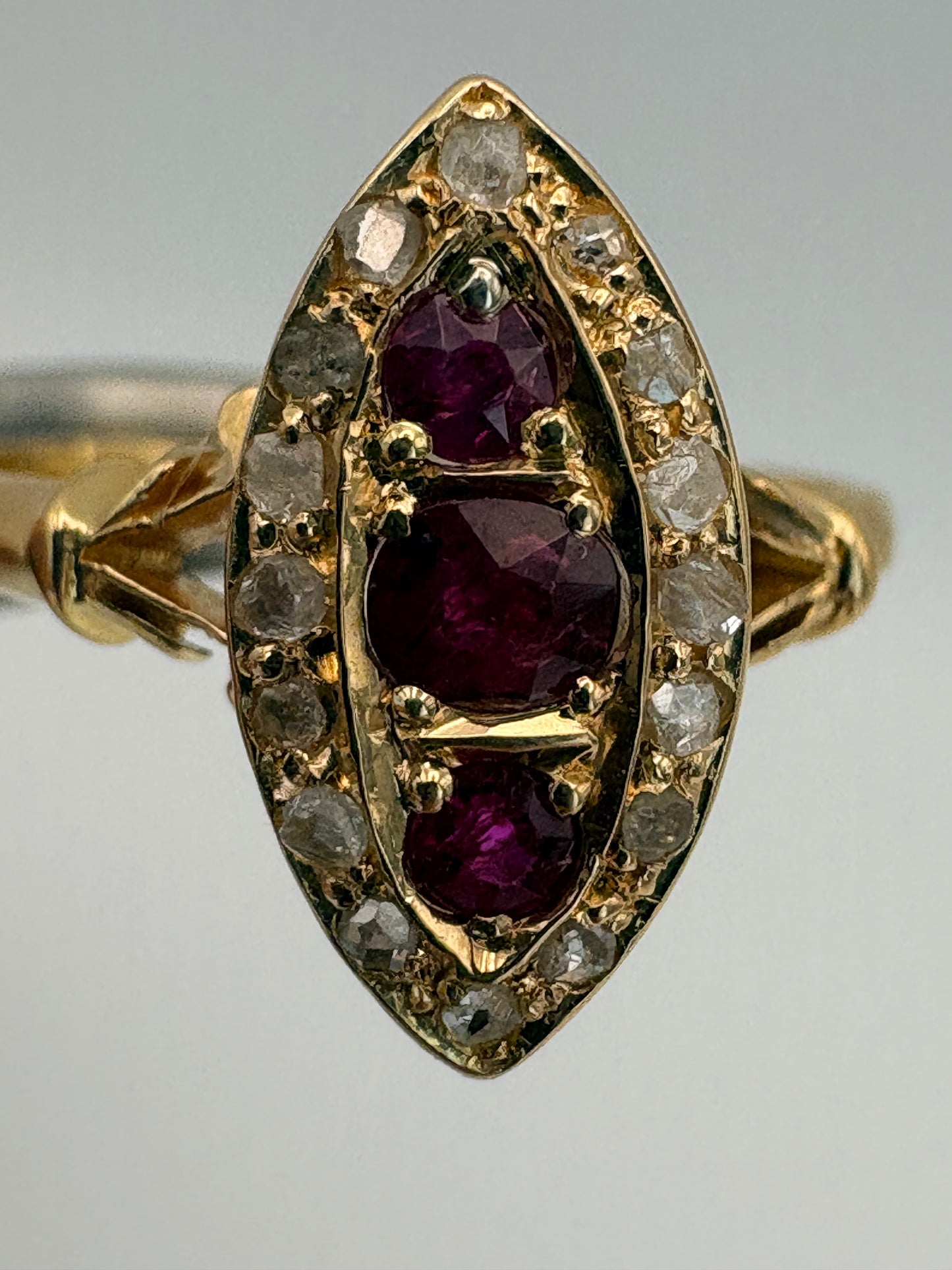 Late Victorian Ruby and Diamond Navette Ring in 18ct Gold