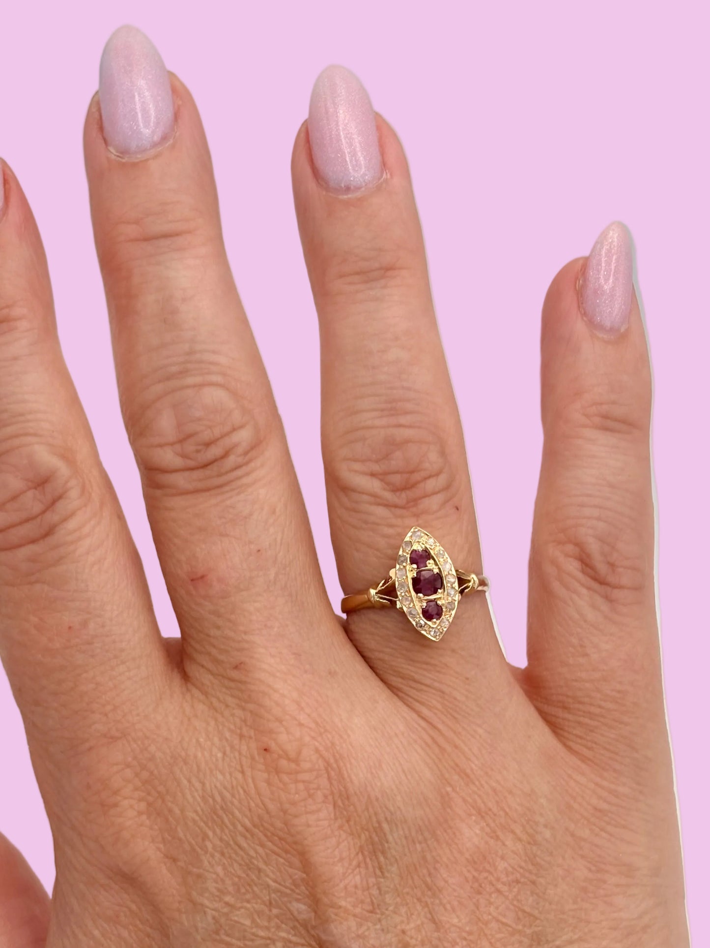 Late Victorian Ruby and Diamond Navette Ring in 18ct Gold