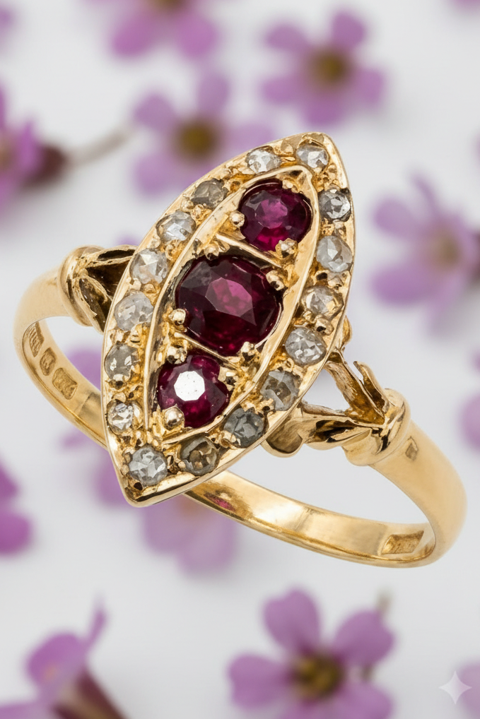 A vintage-style gold ring featuring three oval deep red rubies surrounded by small clear stones in a marquise-shaped setting, on a plain light gray background.
