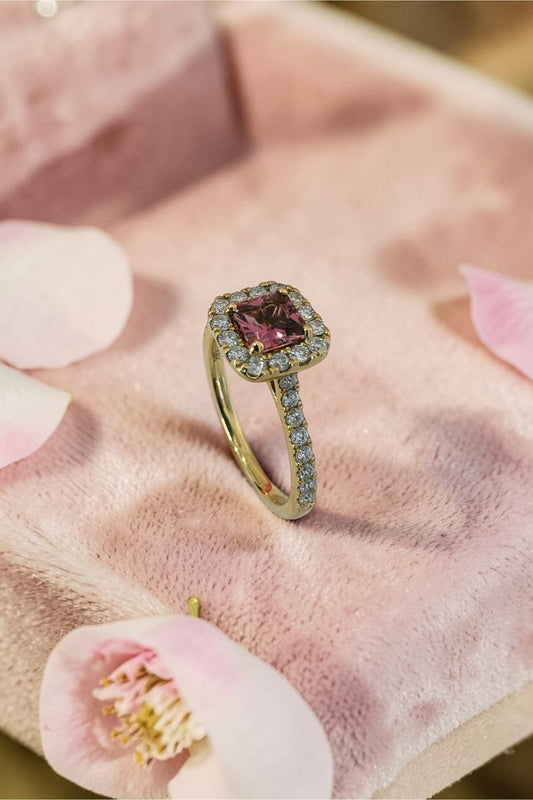 18ct Gold Pink Tourmaline & Diamond Ring | 0.65ct Tourmaline | 0.45ct Diamond Halo | Certified