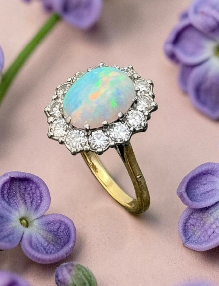 Vintage Opal & Diamond Cluster Ring in 18ct Gold and Platinum